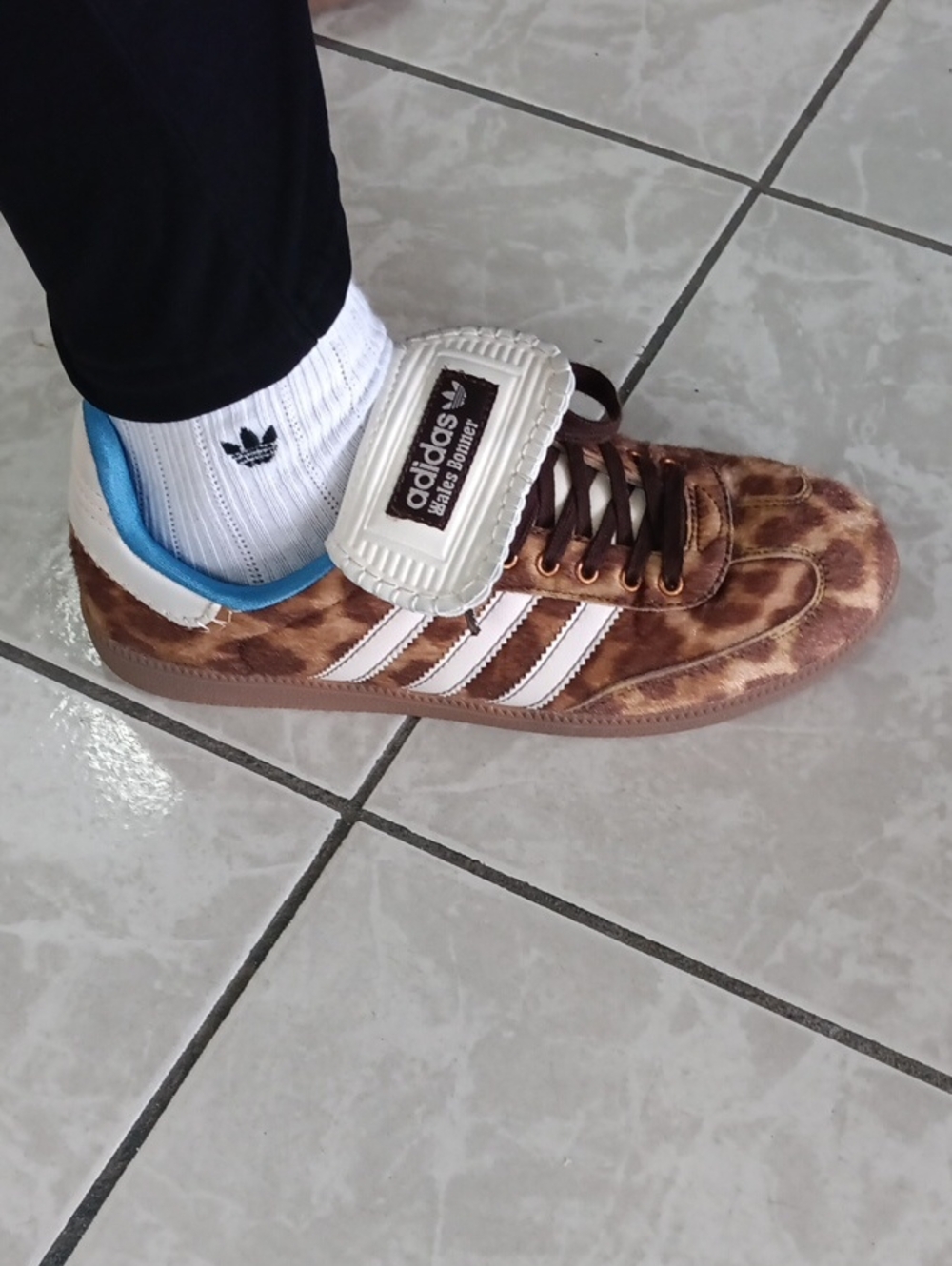 adidas Brown Giraffe-Print Samba with White Stripes and Blue Lining